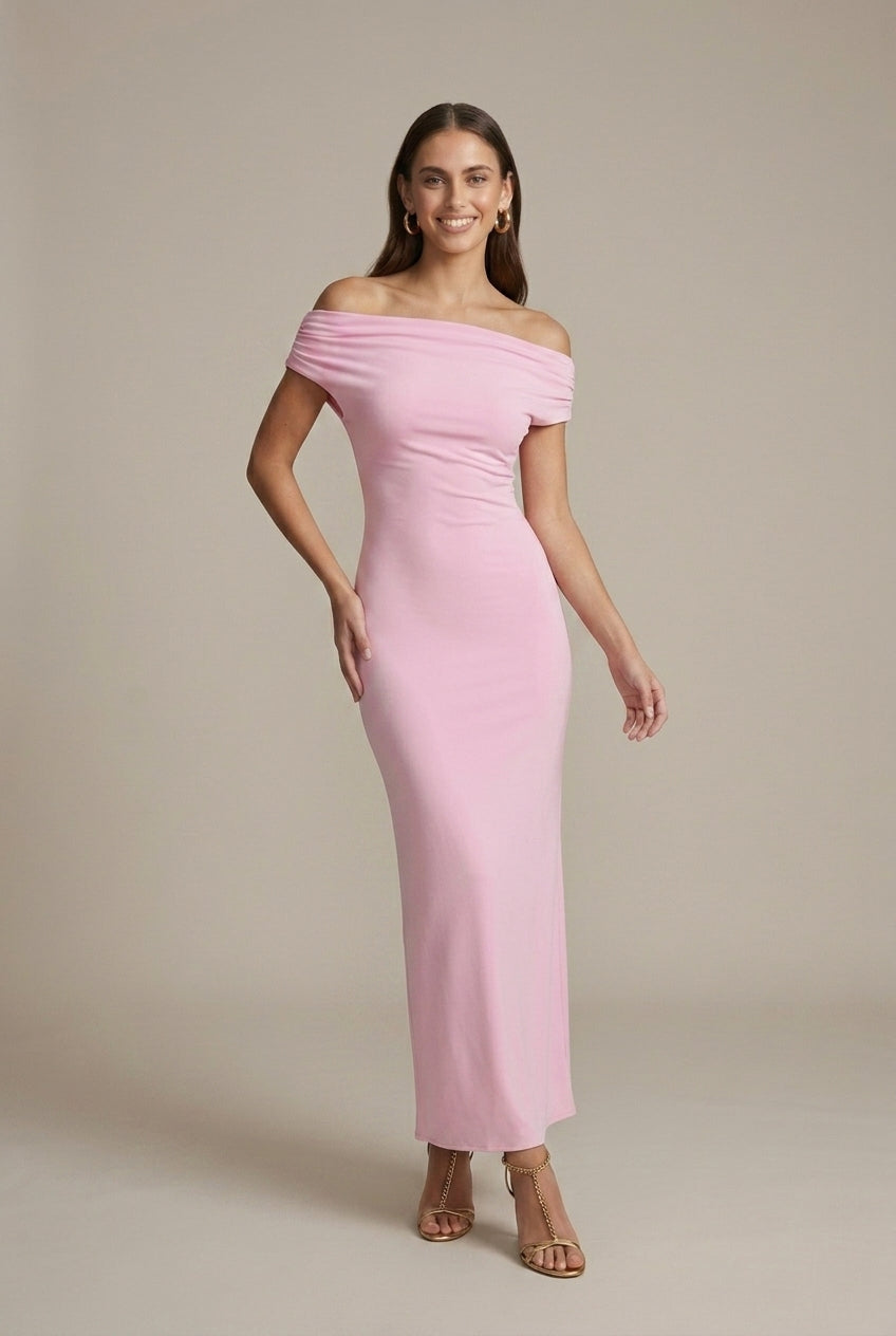 Marielle evening mesh off-shoulder maxi dress, Pink