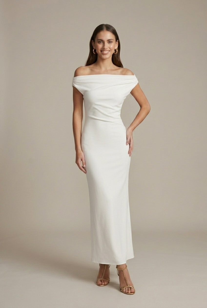 Marielle evening mesh off-shoulder maxi dress, White