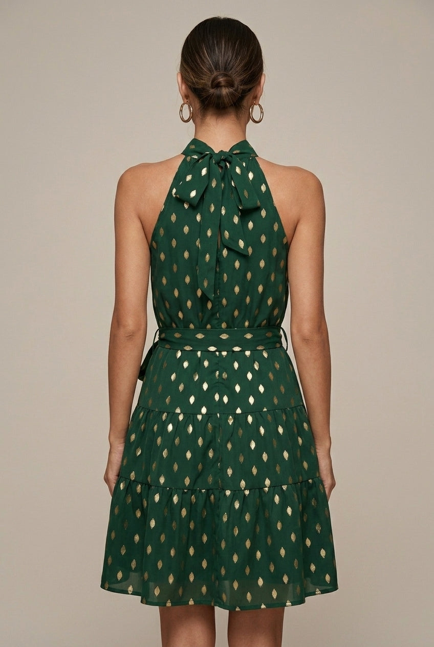 Marigold halter polka-dot tiered mini dress, back view