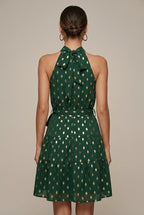 Marigold halter polka-dot tiered mini dress, back view