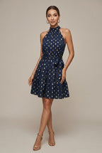 Marigold halter polka-dot tiered mini dress, Blue