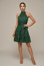 Marigold halter polka-dot tiered mini dress, Green