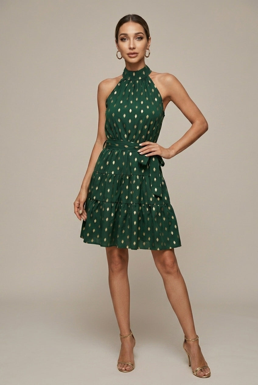 Marigold halter polka-dot tiered mini dress, Green