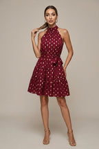 Marigold halter polka-dot tiered mini dress, Red