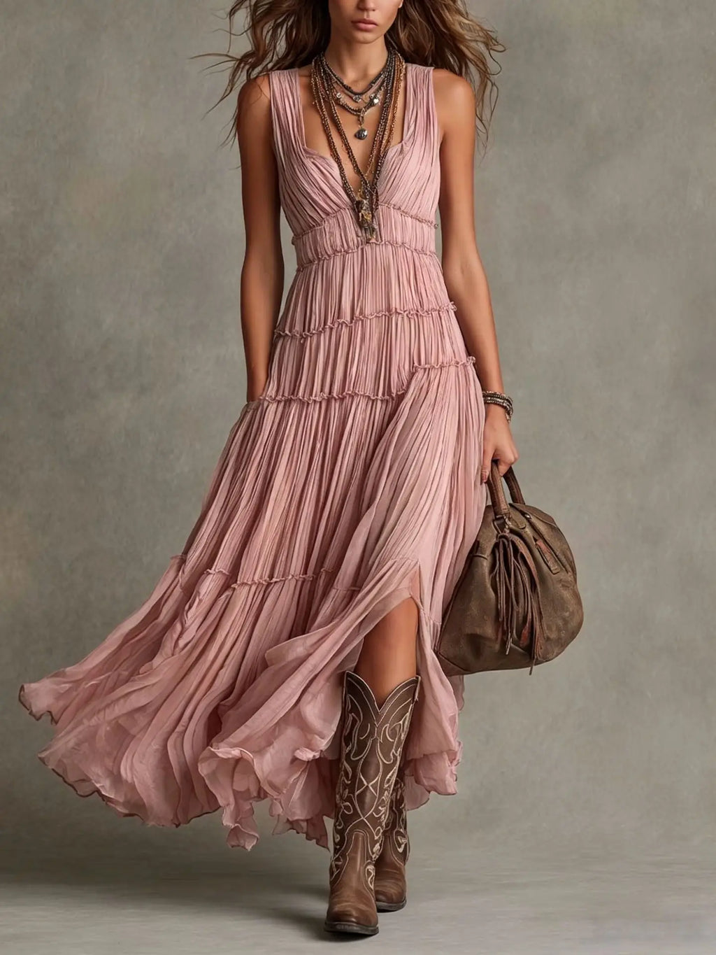 Marisabel tiered V-neck boho maxi dress, view 1