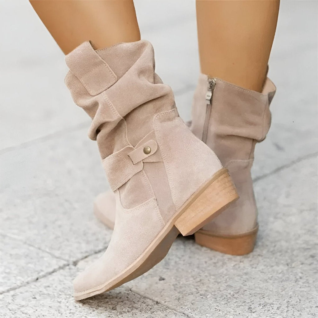 Marisela Slouchy Faux Suede Block Heel Boots, Beige