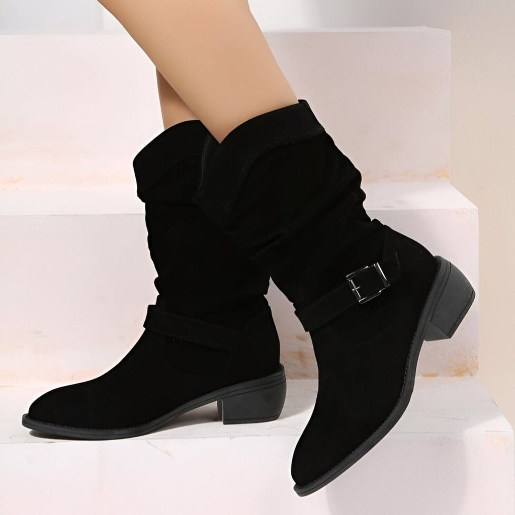 Marisela Slouchy Faux Suede Block Heel Boots, Black