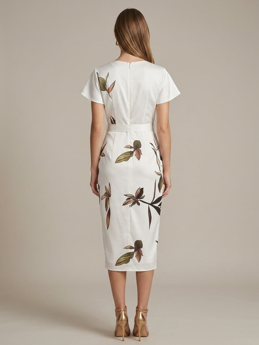 Marisette botanical wrap V-neck midi dress, back view