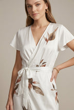 Marisette botanical wrap V-neck midi dress, detail view