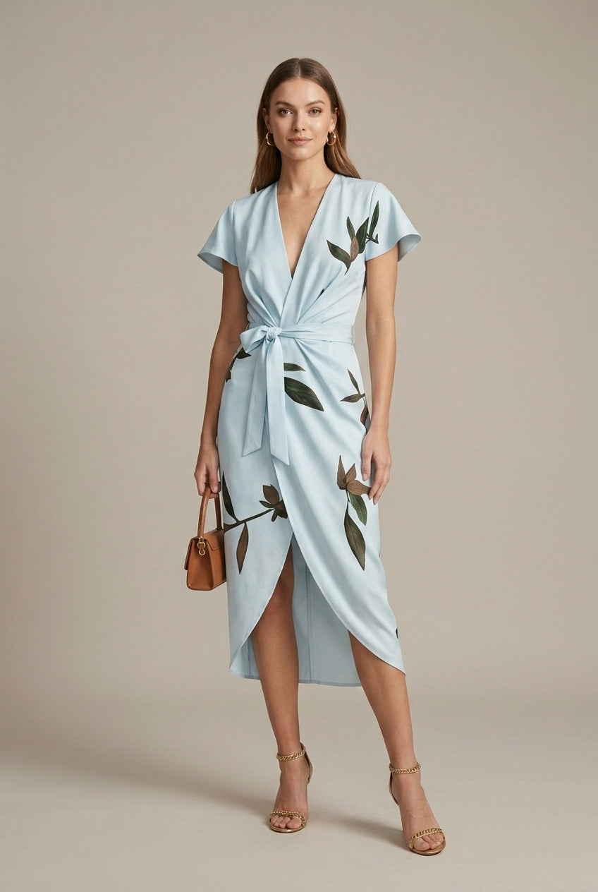 Marisette botanical wrap V-neck midi dress, Light Blue