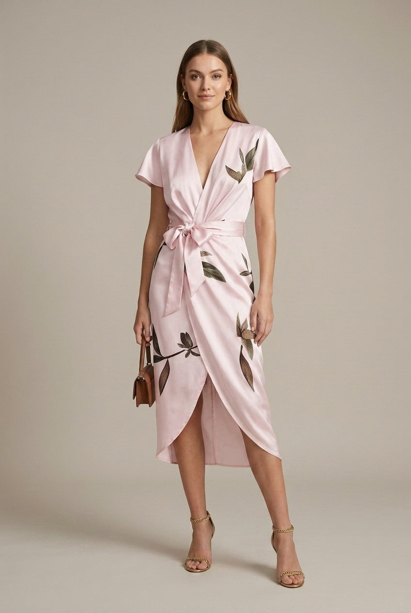 Marisette botanical wrap V-neck midi dress, Pink