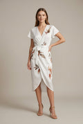 Marisette botanical wrap V-neck midi dress, White