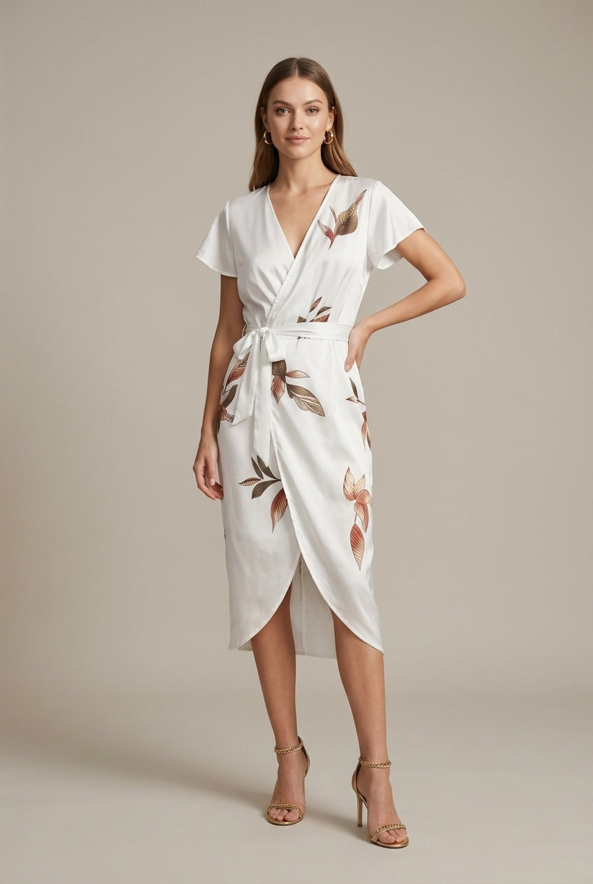Marisette botanical wrap V-neck midi dress, White