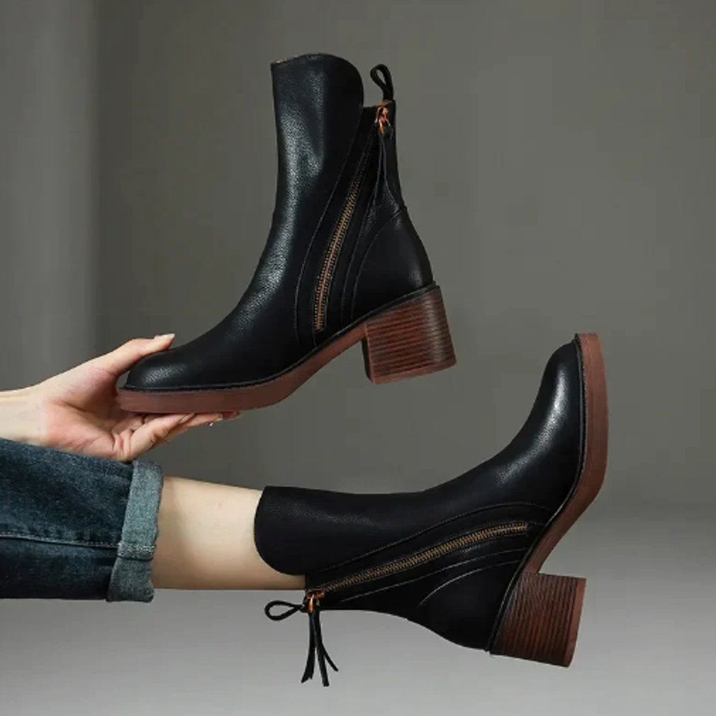 Marisol Faux Leather Block-Heel Side-Zip Ankle Boots, Black