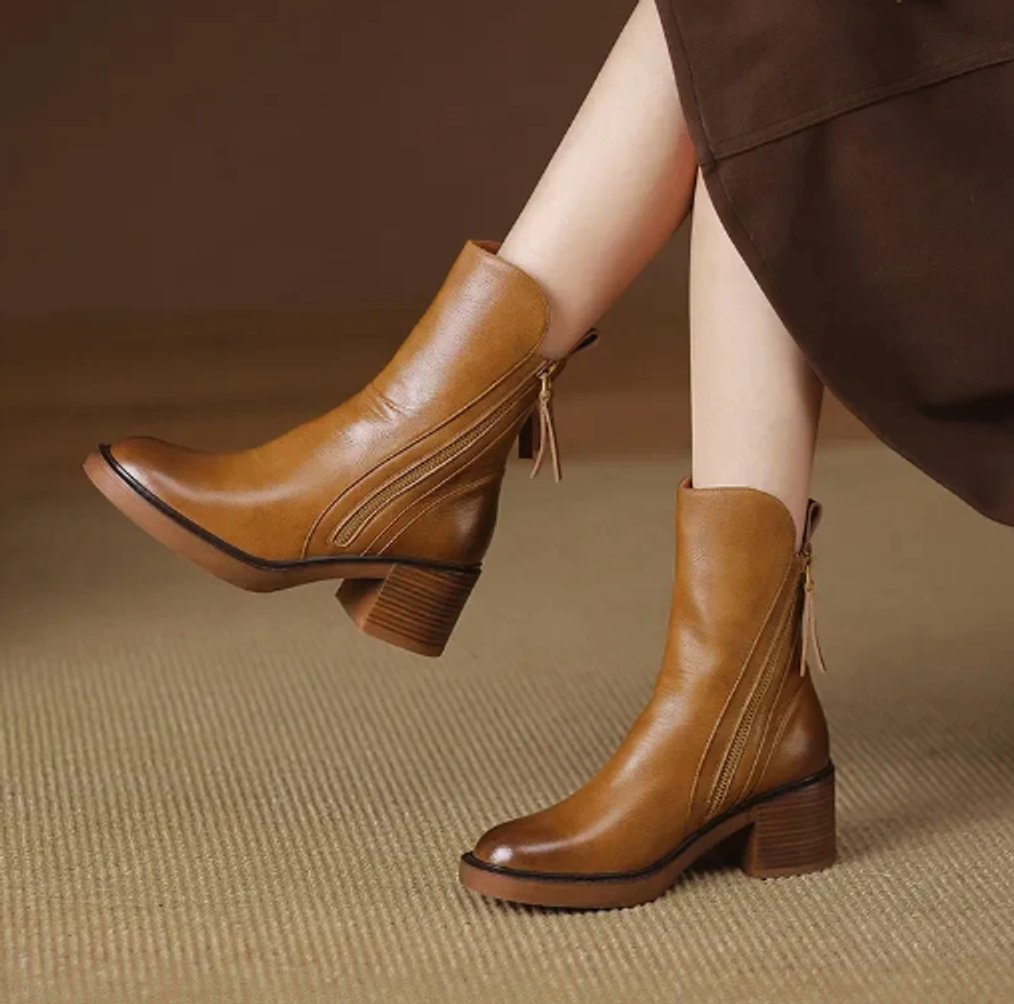 Marisol Faux Leather Block-Heel Side-Zip Ankle Boots, Brown