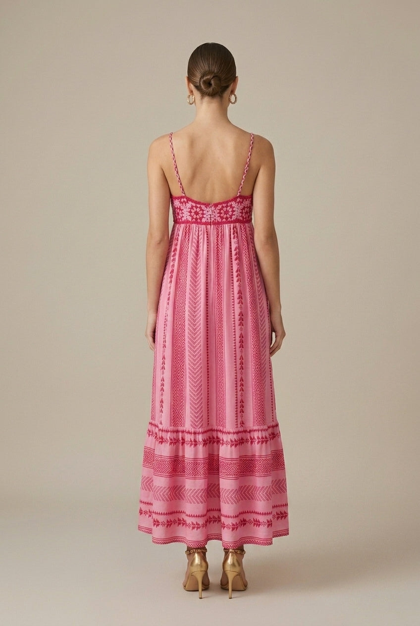 Marisole embroidered spaghetti-strap boho maxi dress, back view