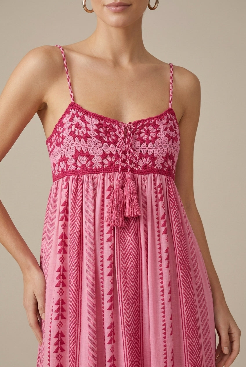 Marisole embroidered spaghetti-strap boho maxi dress, detail view