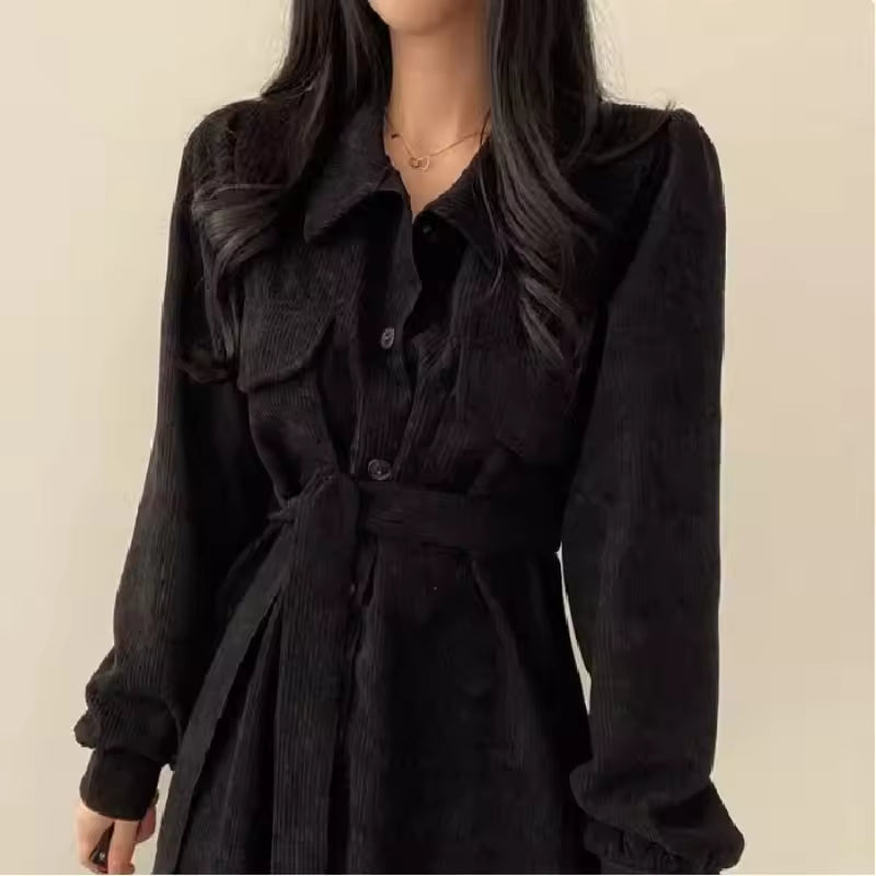 Marissa Black corduroy midi shirt dress with button-front design and structured collar