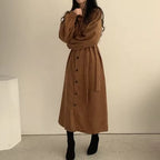 Marissa Brown corduroy midi shirt dress with button-front closure, long sleeves, and tie belt