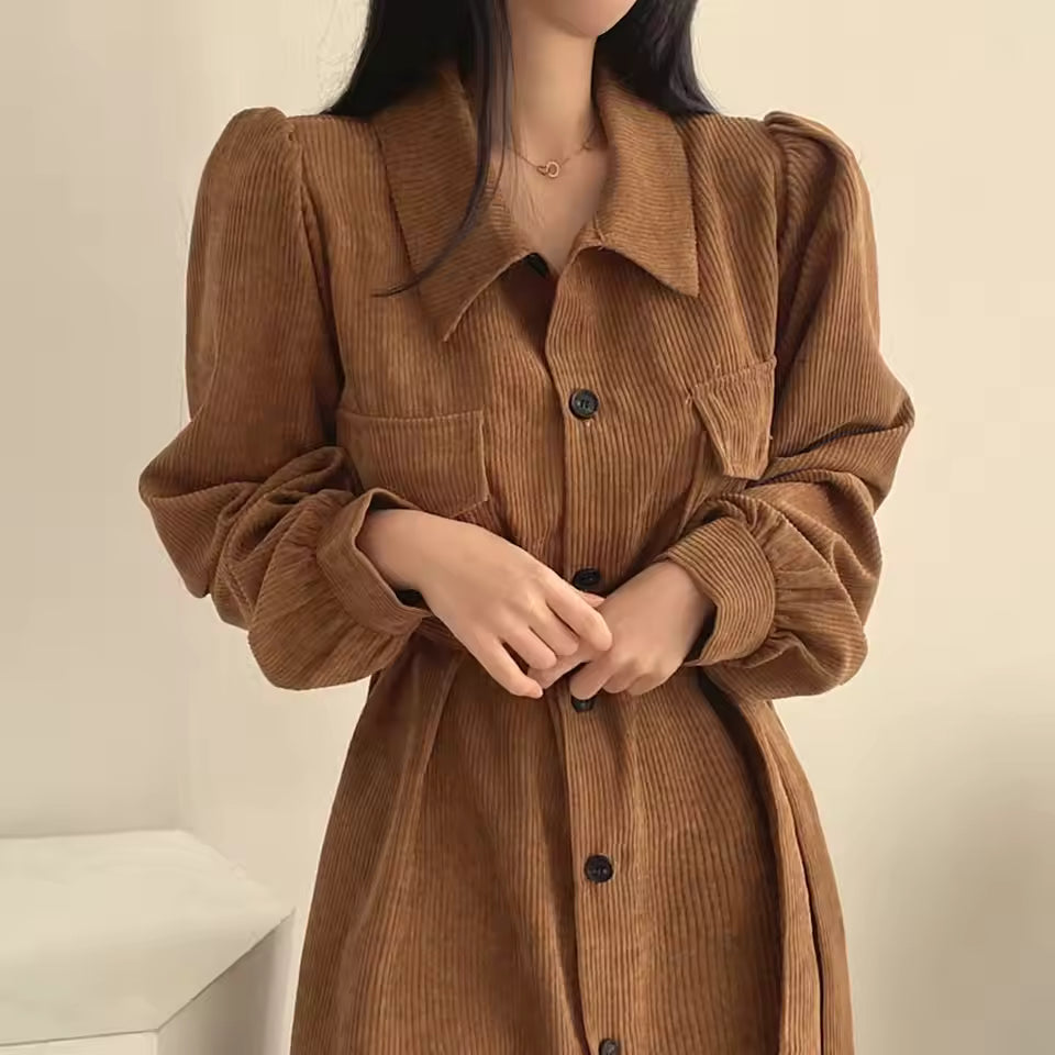 Marissa Brown corduroy midi shirt dress with classic collar and defined tie waist