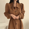 Marissa Brown corduroy midi shirt dress with classic collar and defined tie waist