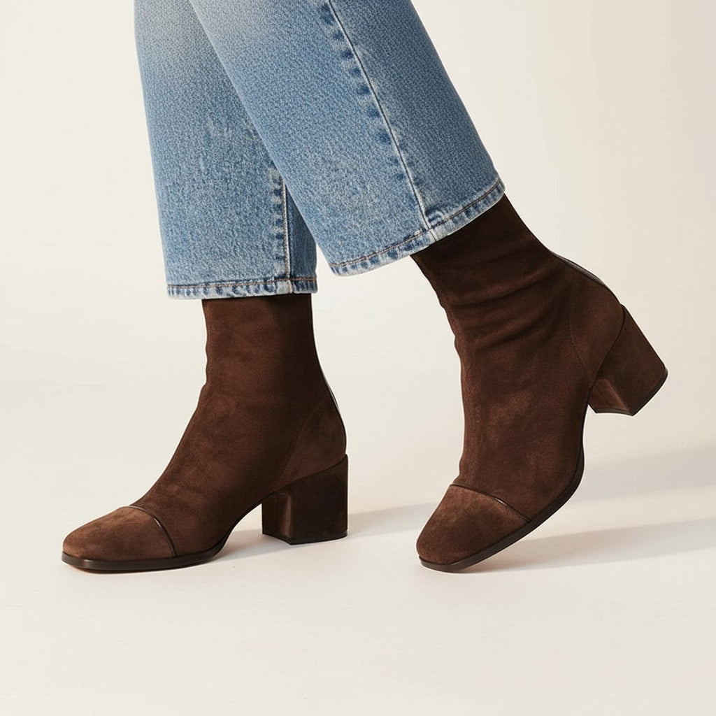 Marlena faux suede square-toe block-heel ankle boots, detail view