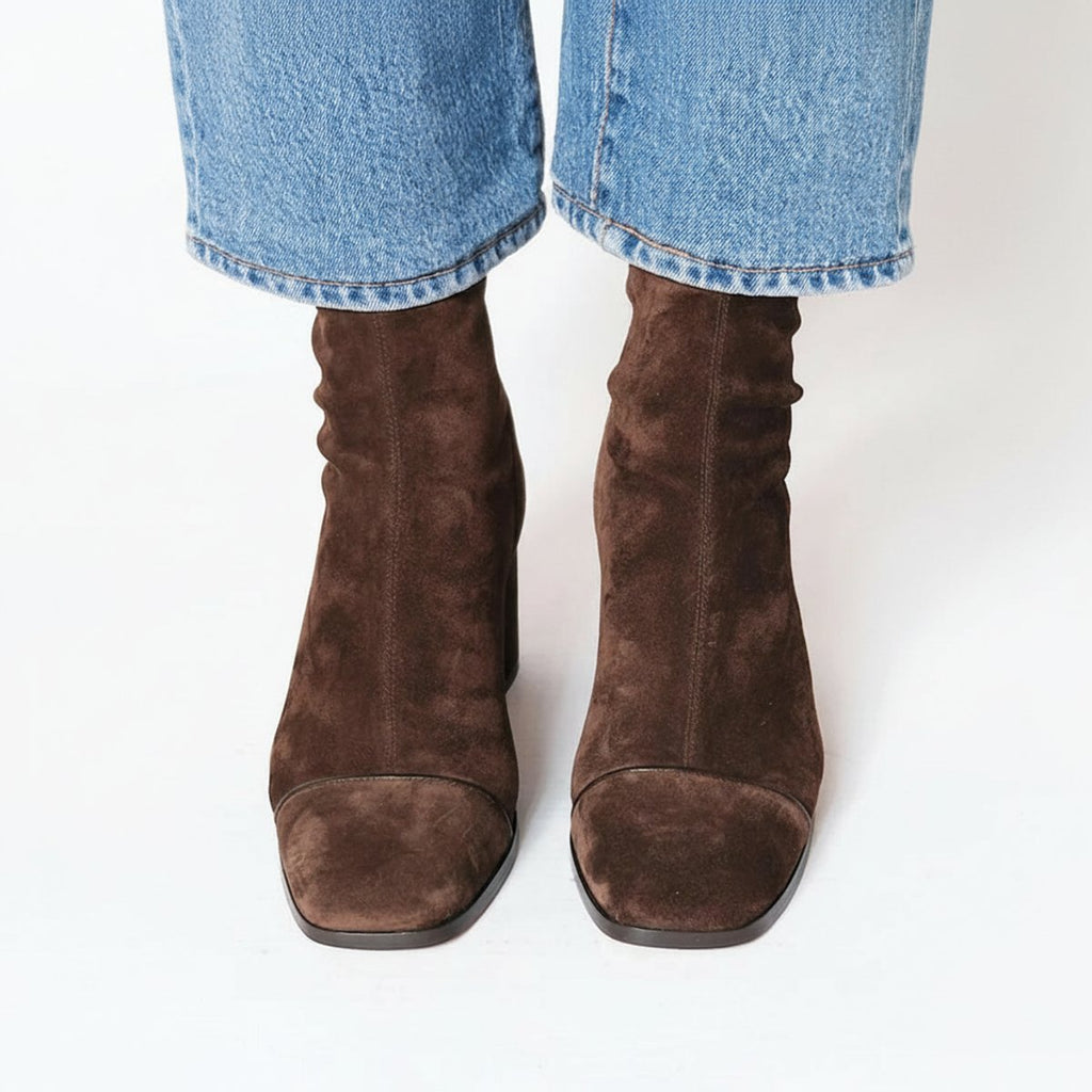 Marlena faux suede square-toe block-heel ankle boots, side view
