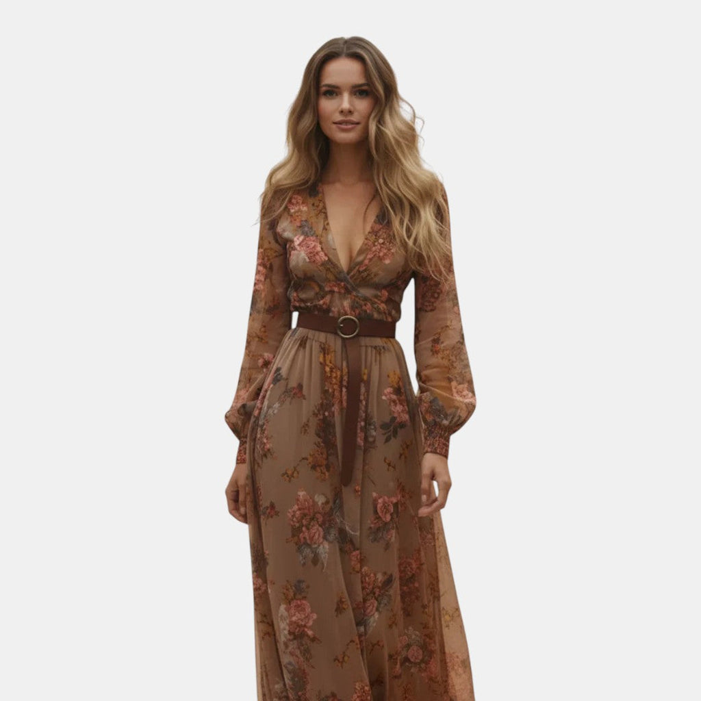 Flowing view of the Marlena Maxi Dress Floral-Embroidered Long-Sleeve Boho in dark brown, highlighting the elegant movement of the maxi skirt, embroidered floral pattern, and relaxed bohemian silhouette. Designed by Bella Hudson.
