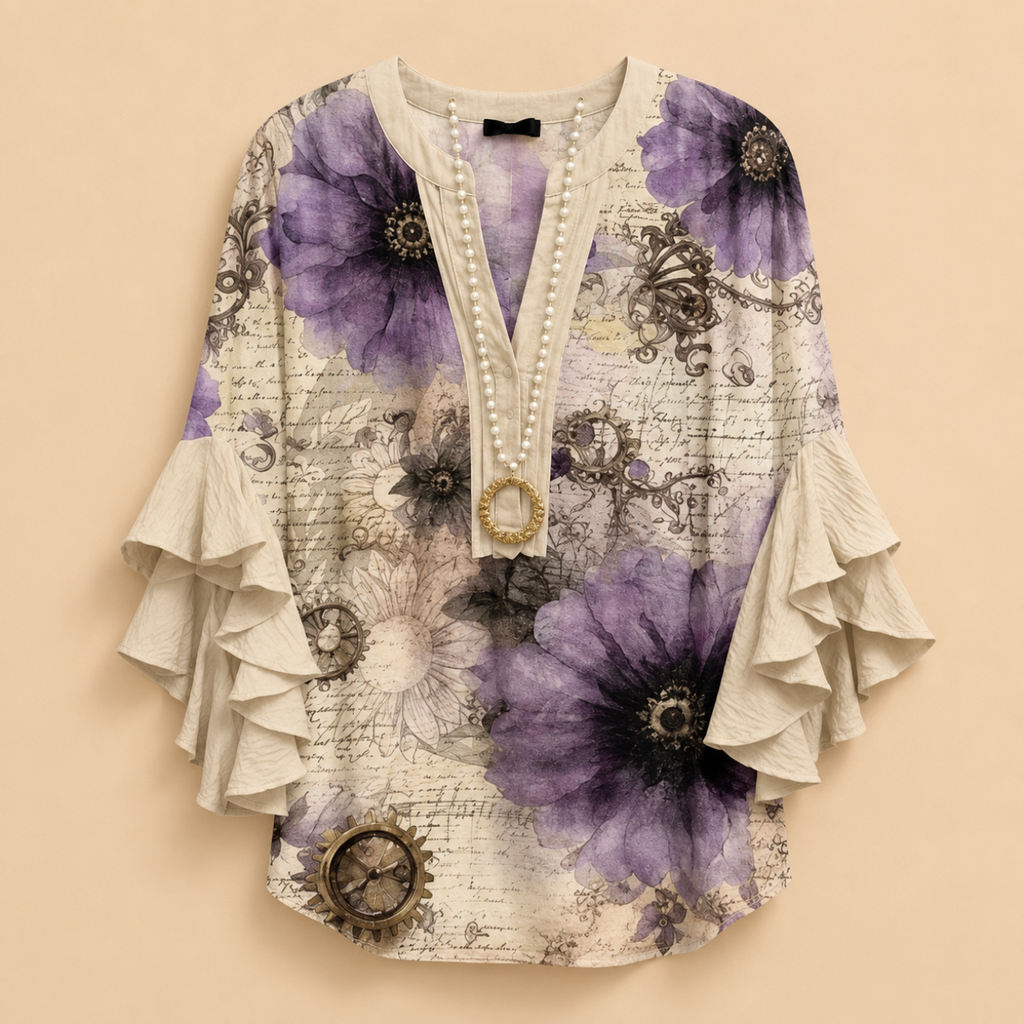 Marlow Lightweight Leaf-Print Button Blouse - Beige - Designed by Bella Hudson