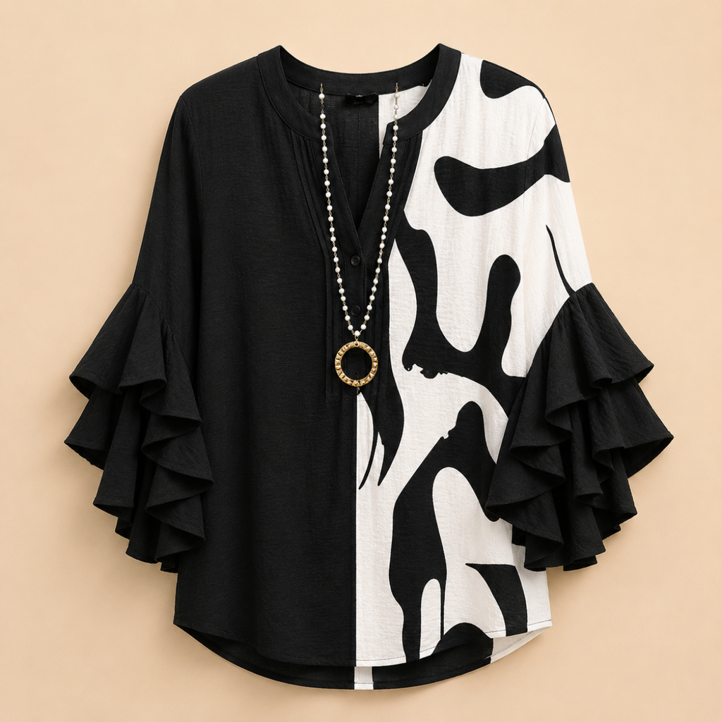 Marlow Lightweight Leaf-Print Button Blouse - Black - Designed by Bella Hudson