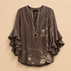 Marlow Lightweight Leaf-Print Button Blouse - Dark Brown - Designed by Bella Hudson
