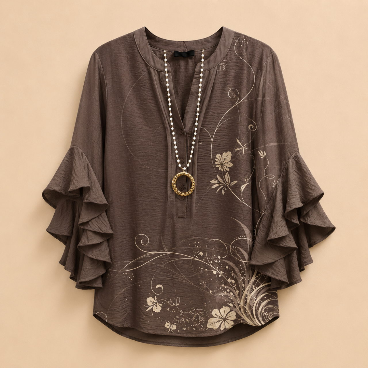 Marlow Lightweight Leaf-Print Button Blouse - Dark Brown - Designed by Bella Hudson
