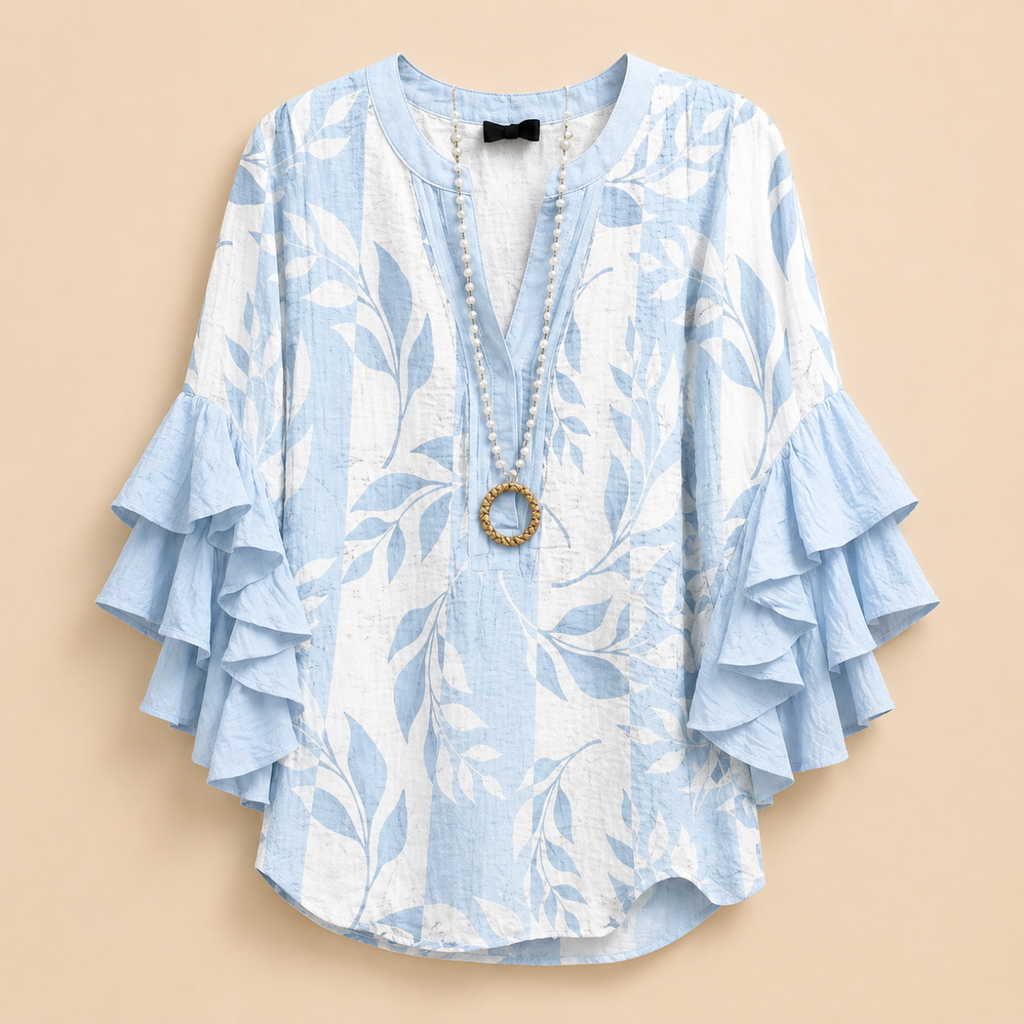 Marlow Lightweight Leaf-Print Button Blouse - Light Blue - Designed by Bella Hudson
