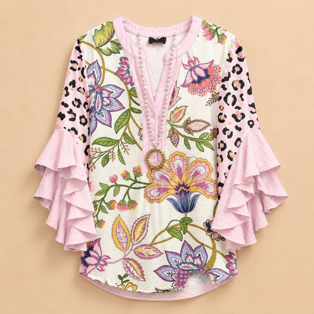 Marlow Lightweight Leaf-Print Button Blouse - Pink - Designed by Bella Hudson
