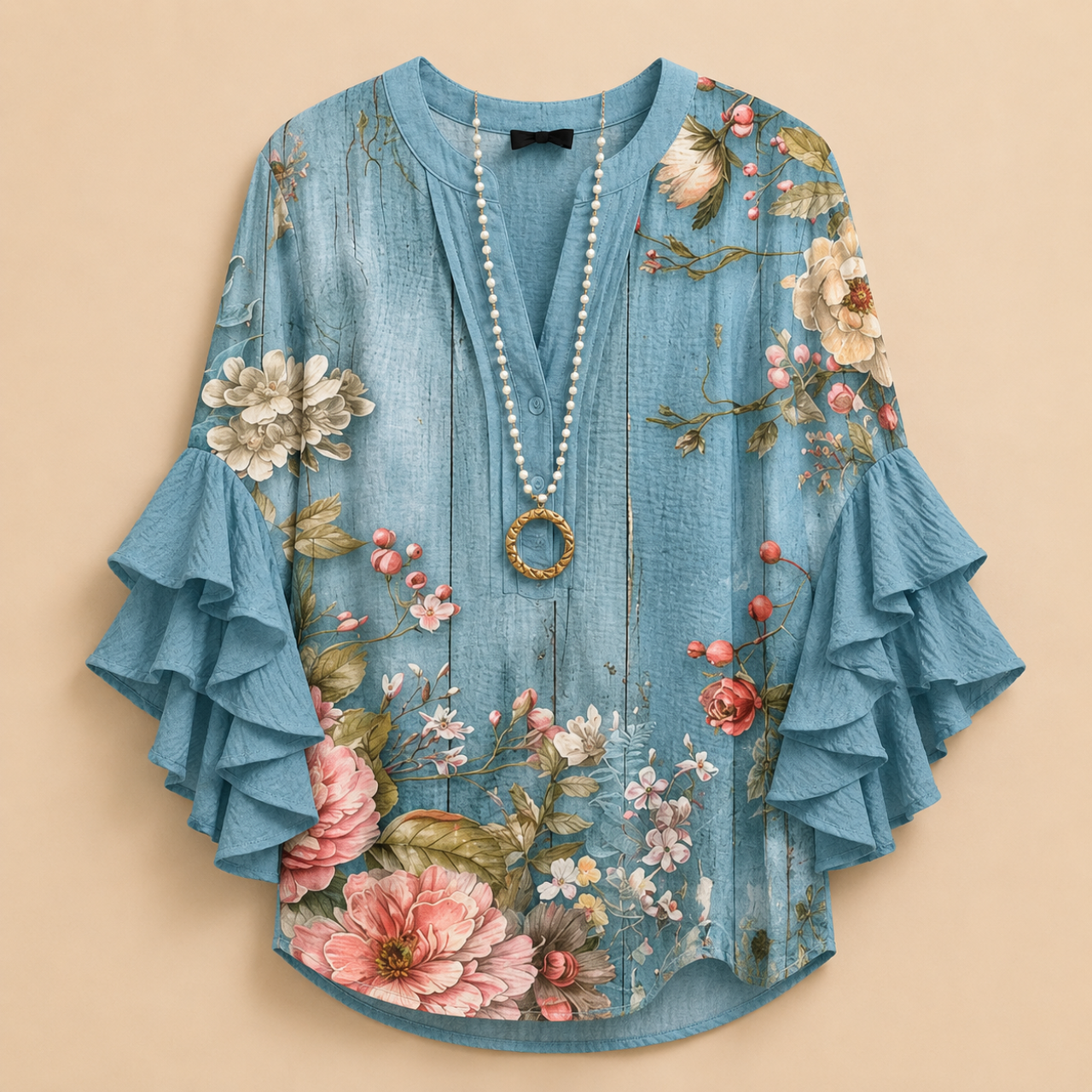 Marlow Lightweight Leaf-Print Button Blouse - Sky Blue - Designed by Bella Hudson
