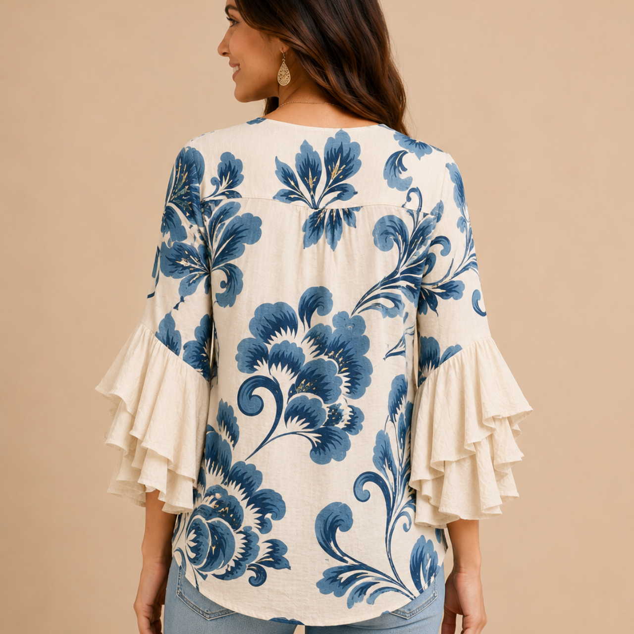Marlow Lightweight Leaf-Print Button Blouse - White Back View - Designed by Bella Hudson
