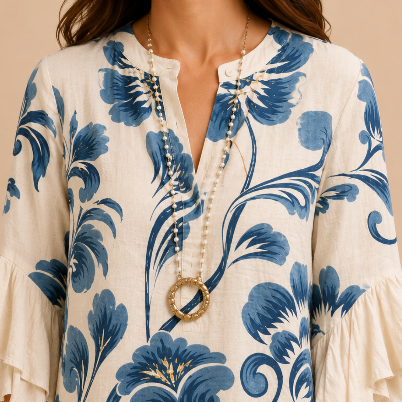 Marlow Lightweight Leaf-Print Button Blouse - White Front Close-Up View - Designed by Bella Hudson
