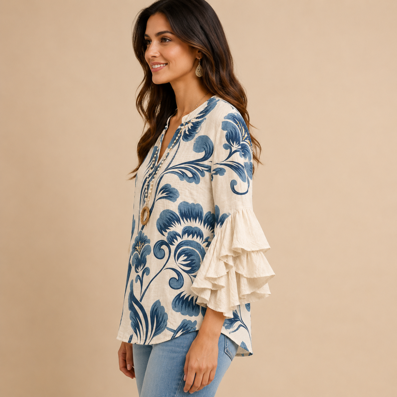 Marlow Lightweight Leaf-Print Button Blouse - White Side View - Designed by Bella Hudson