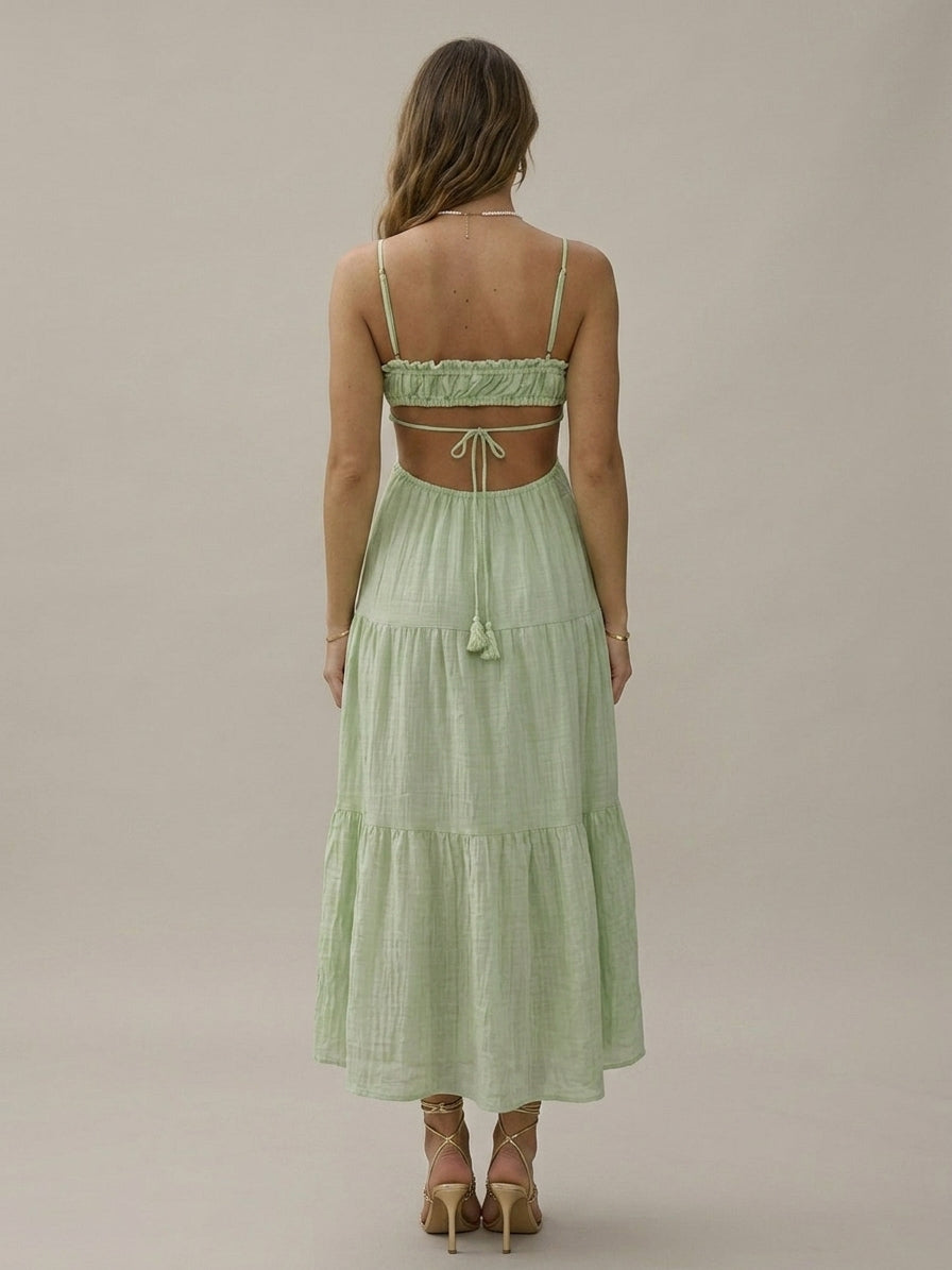 Marlowe tassel cutout tiered maxi dress, back view