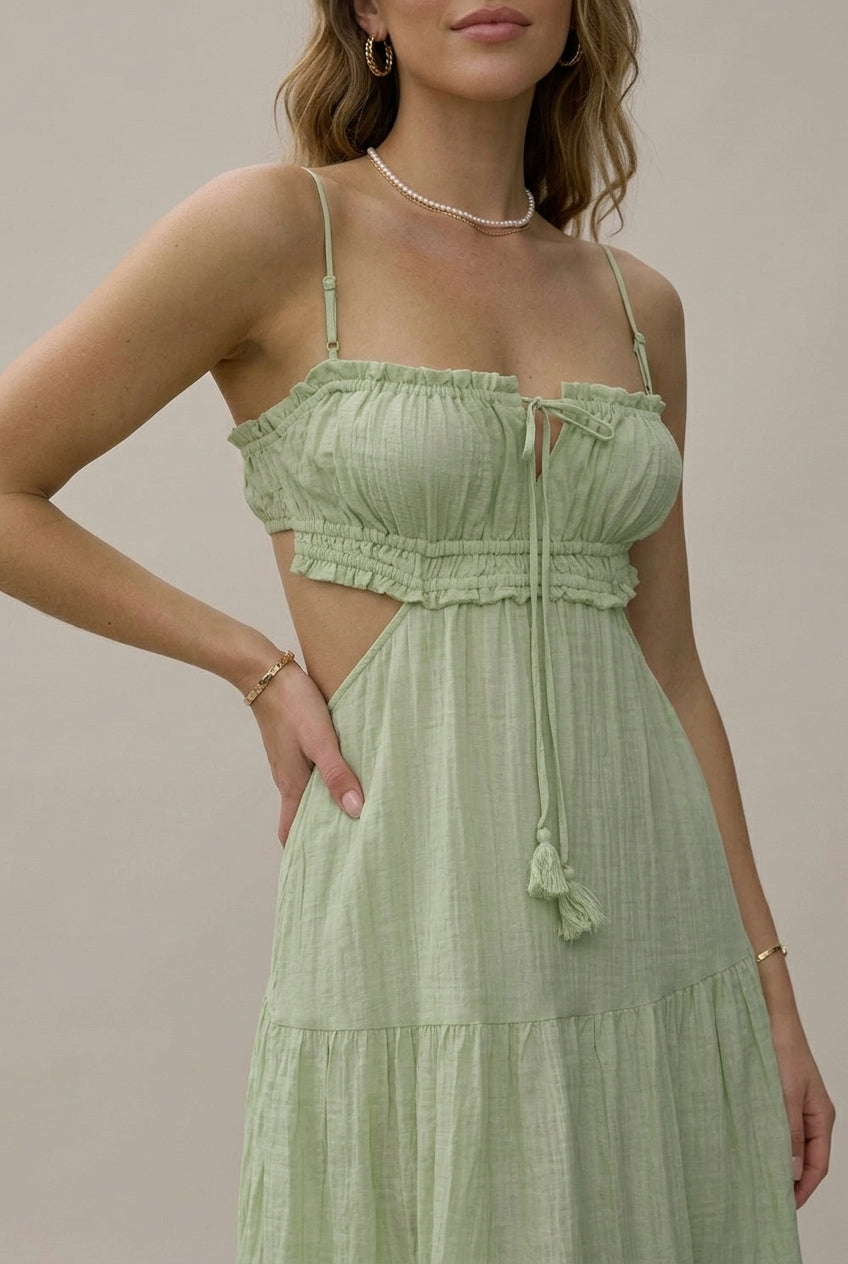 Marlowe tassel cutout tiered maxi dress, detail view