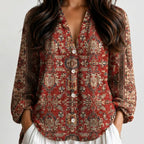 Close-up front view of red patterned floral boho lightweight maroon with button front and long sleeves BELLA HUDSON.