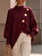 Maya Burgundy ribbed knit sweater with diagonal button accents, mock neckline, and asymmetric front