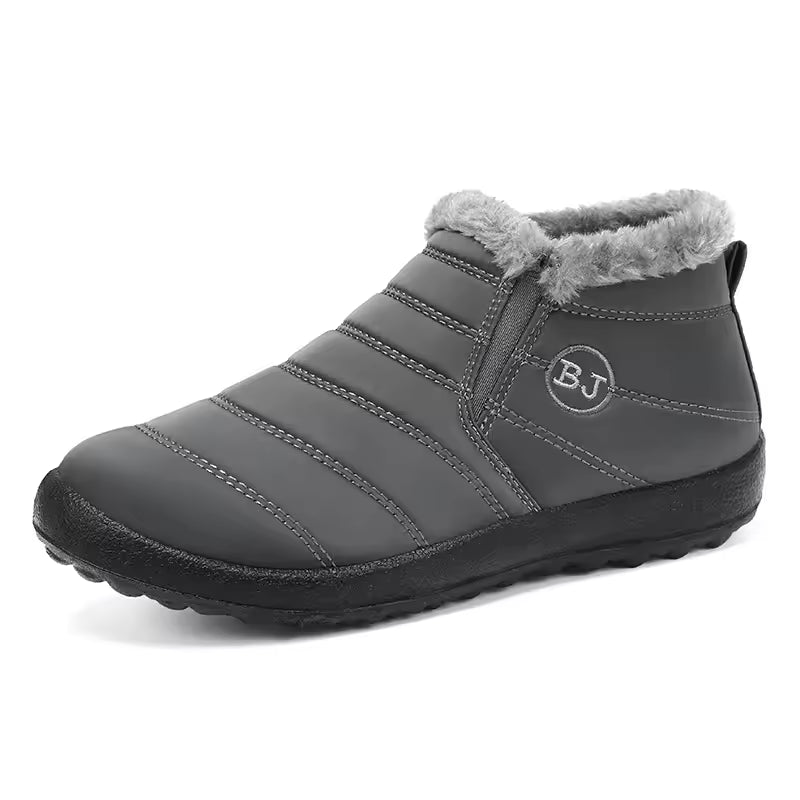 Maya Gray quilted ankle snow boots with plush faux fur collar, rounded toe, and textured sole