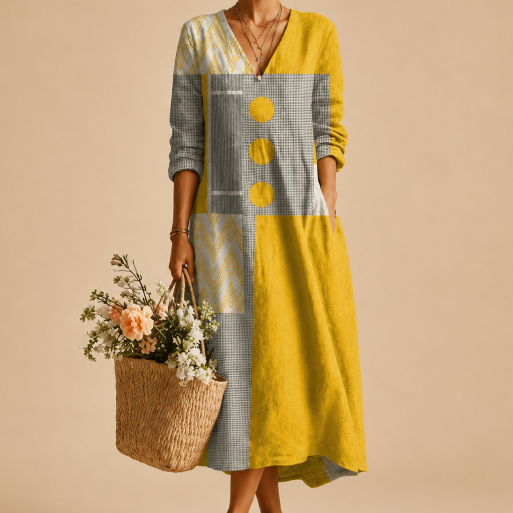 Close-up of the Maya Lightweight Patchwork Polka-Dot Midi Dress showcasing the patchwork print, decorative button details, and lightweight fabric. Designed by Bella Hudson.