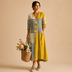 Maya Lightweight Patchwork Polka-Dot Midi Dress, full model view featuring the colorful patchwork design and flowing midi-length silhouette. Designed by Bella Hudson.