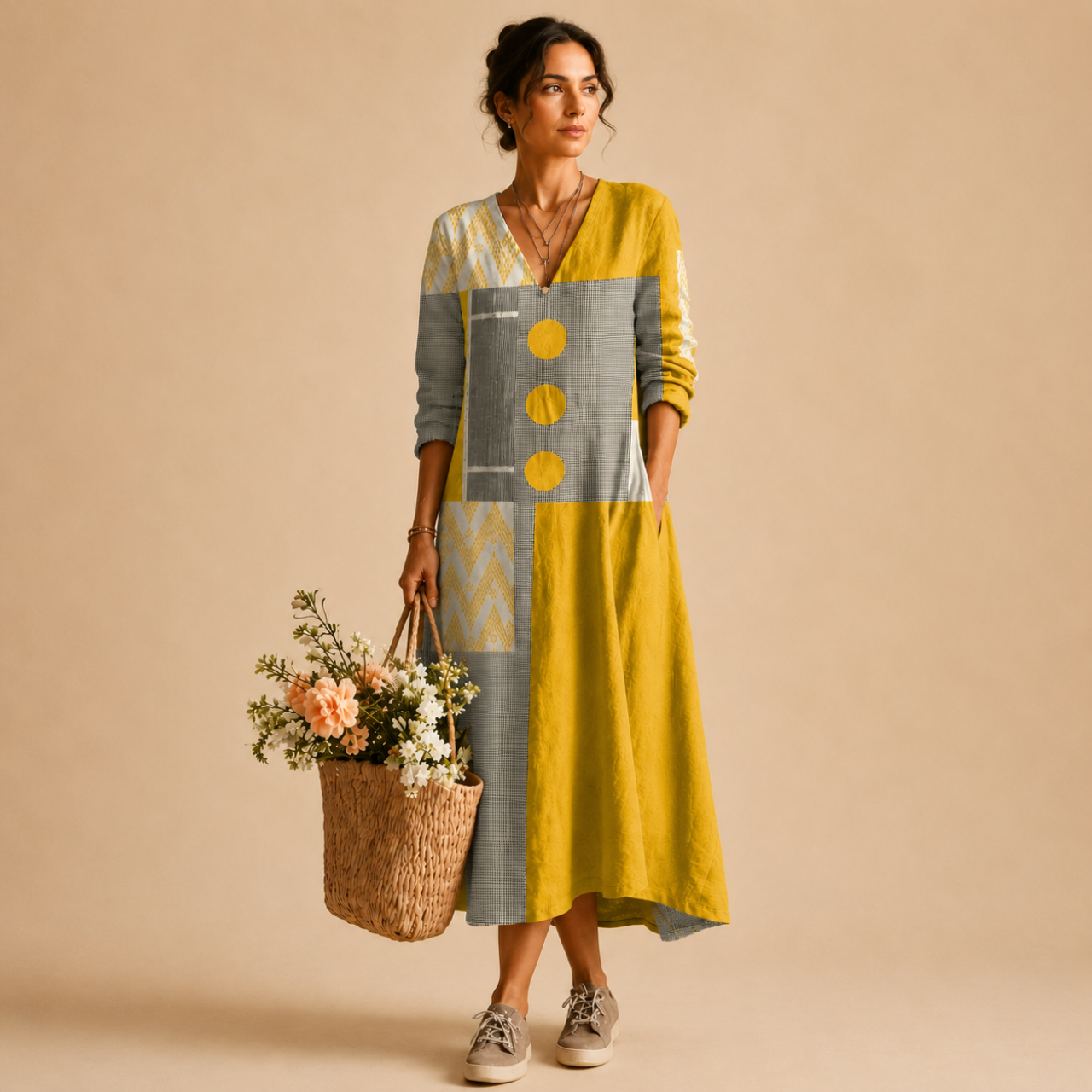Maya Lightweight Patchwork Polka-Dot Midi Dress, full model view featuring the colorful patchwork design and flowing midi-length silhouette. Designed by Bella Hudson.