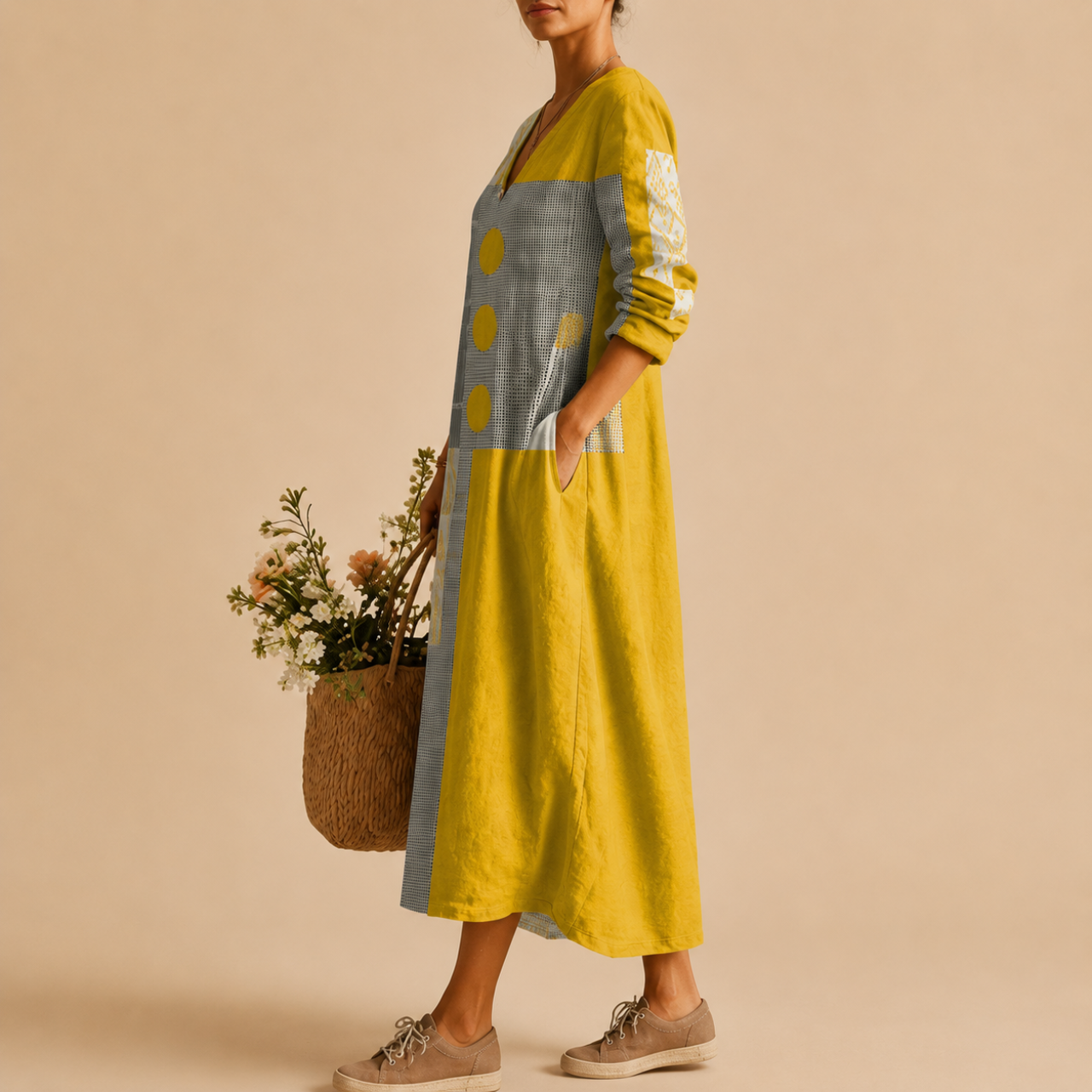 Maya Lightweight Patchwork Polka-Dot Midi Dress, side view showcasing the artistic patchwork print, relaxed silhouette, and lightweight fabric. Designed by Bella Hudson.