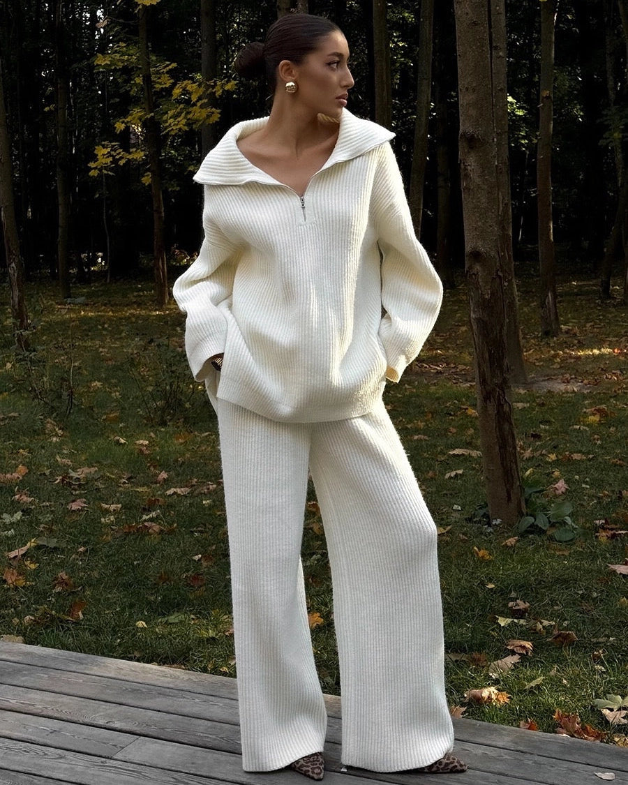 Maya White ribbed knit lounge set featuring a relaxed half-zip sweater with oversized collar and matching wide-leg pants