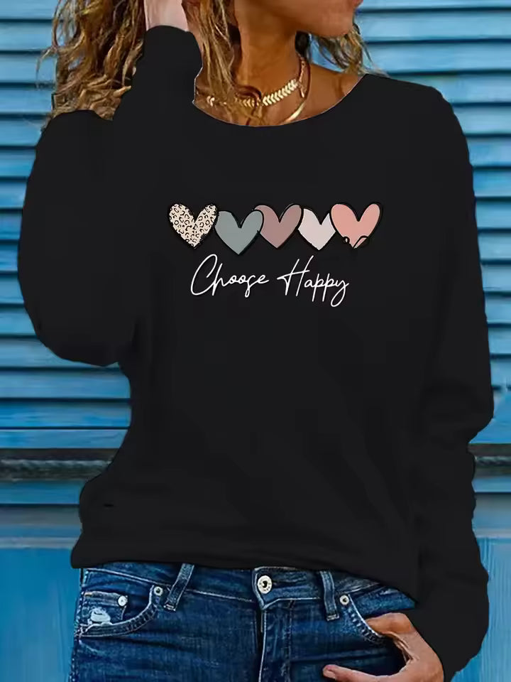 Mia Black long-sleeve graphic T-shirt featuring three heart illustrations, Choose Happy lettering, crew neckline, and relaxed silhouette