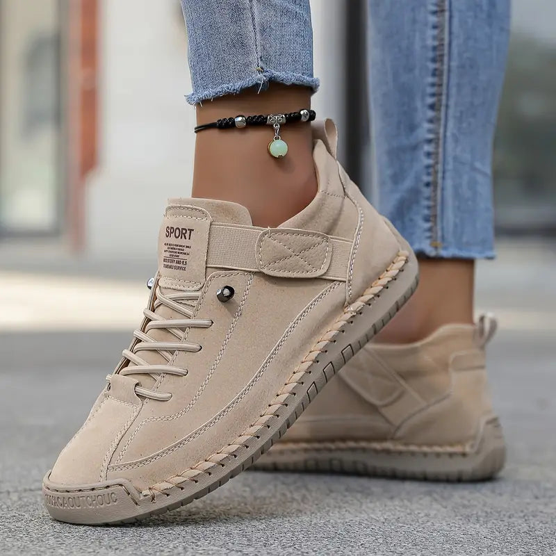 Side view of Beige Mia Supportive Lightweight Cushioned Sneakers by BELLA HUDSON